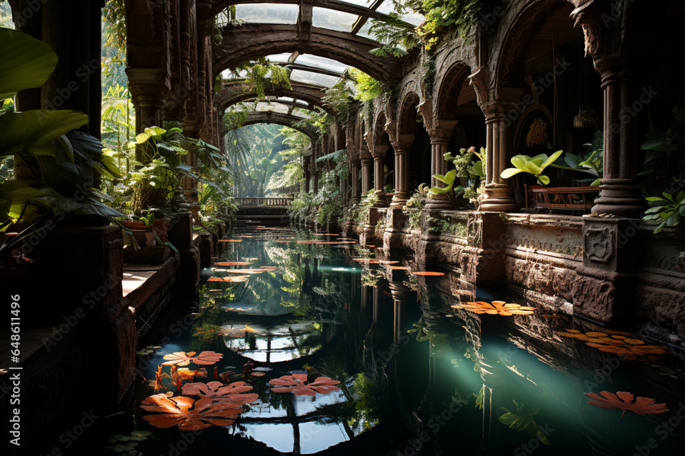 Obraz premium low angle of tropical pond on a daylight, peaceful scenery