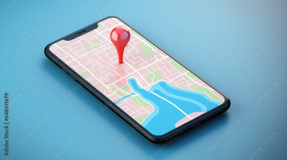Smartphone with map, 3D Map pins, GPS, navigator pin checking points, 3D World Map icon, technology and application mobile smart phone with mobile, delivery tracking, transportation, generate by AI Smartphone with map, 3D Map pins, GPS, navigator pin checking points, 3D World Map icon, technology and application mobile smart phone with mobile, delivery tracking, transportation, generate by AI