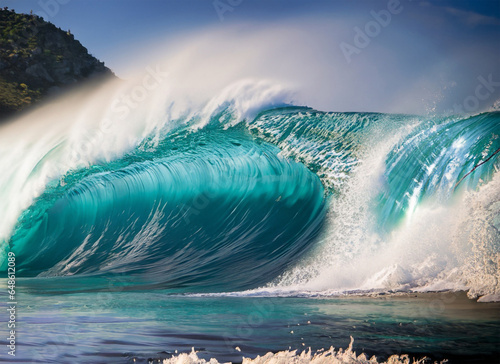 Surfing ocean wave. Blue ocean wave with big green wave. Generative AI