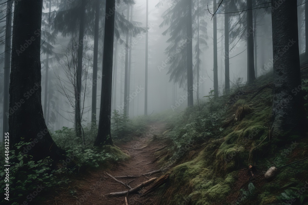 Fototapeta premium A foggy forest trail enveloped in mystery and beauty