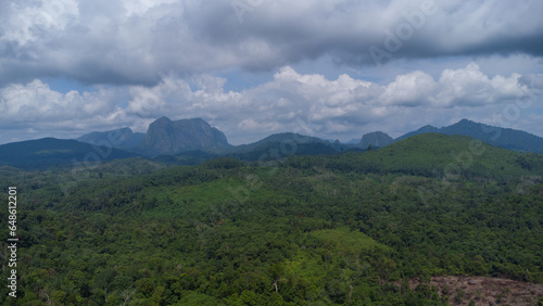 aerial view of forests and mountains being cut open for road construction in South Kalimantan