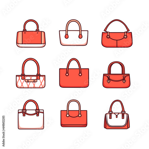 Handbags set of vector icons in minimalistic, black and red line work, japan web, icons pack