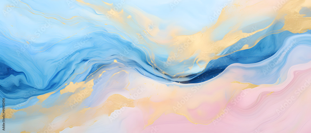Abstract watercolor paint background illustration Soft pastel pink blue color and golden lines, with liquid fluid marbled paper texture banner texture, Generative AI
