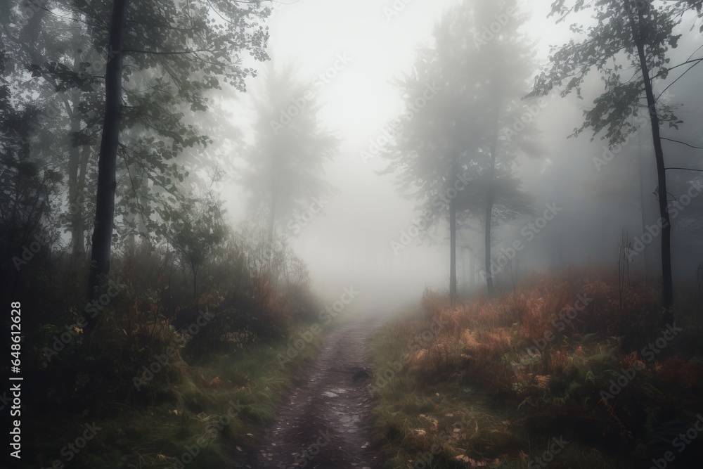 Fototapeta premium A misty forest path shrouded in fog
