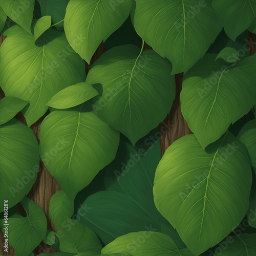 Green leaves framing on wooden floors. fresh green leaves texture background. abstract green leaf texture  nature background. Green leaves on wooden table.