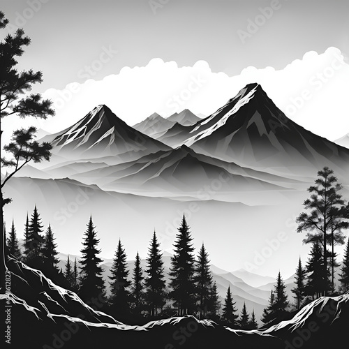 Black and white mountains vector illustration.Mountain with pine trees and landscape black on white background. Rocky peaks in sketch style, minimalistic style. Mountain logo.Black silhouette.
