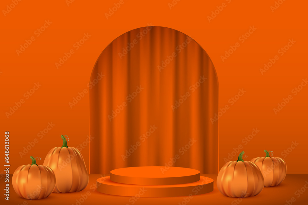 3D orange podium, curtain in arch of doorway and helloween pumpkins