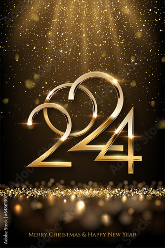 2024 Happy New Year vertical banner vector template. Winter holiday, christmas congratulations. Festive postcard, luxurious greeting card concept. 2024 number with golden glitter illustration
