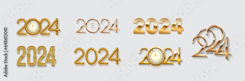 Set of 2024 New Year gold numbers for greeting cards, banners or posters vector illustration. Different 2024 golden numbers templates with glow light effect, clocks and shining ring isolated on white.