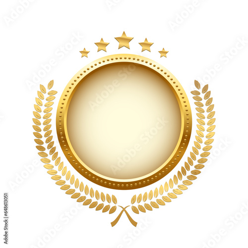 Gold shiny circle medal, laurel wreath with stars vector illustration. Golden shining round badge prize for winner, award trophy nominee luxury symbol, nomination reward emblem on white background