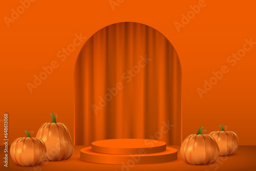 3D orange podium, curtain in arch of doorway and helloween pumpkins vector illustration. Realistic showcase pedestal for products presentation, empty stage with two platforms and niche in wall