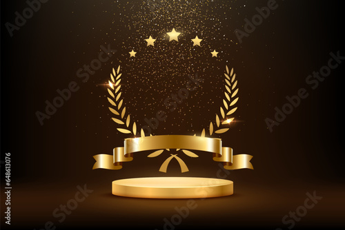 Gold award round podium with laurel wreath, ribbon, star, shiny glitter and sparkles isolated on dark background. Vector golden symbol of victory, achievement, success, rewarding of winner
