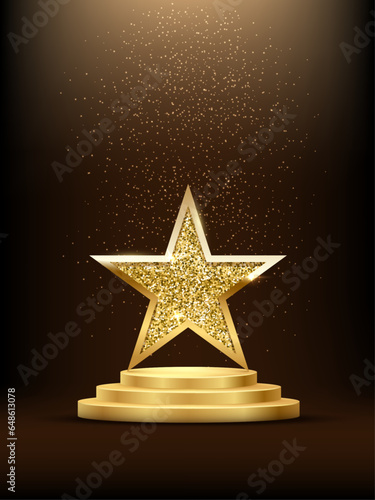 Golden three step podium with star glowing. Gold stage with glitter and light smoke on dark background. Hollywood fame in film and cinema or championship in sport vector illustration
