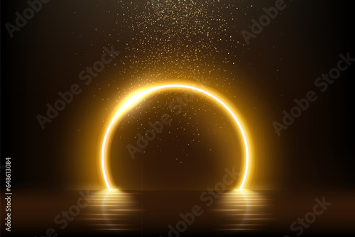 Gold curve neon arch with reflection in water, falling glitter and glow light effect
