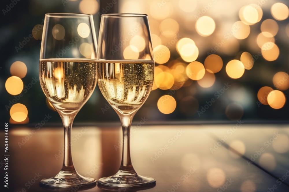 Glasses of champagne on a blurred background with bokeh lights. Christmas and New Year concept. Two glasses of champagne on a wooden table in a bar or restaurant Glasses of champagne on a blurred background with bokeh lights. Christmas and New Year concept. Two glasses of champagne on a wooden table in a bar or restaurant