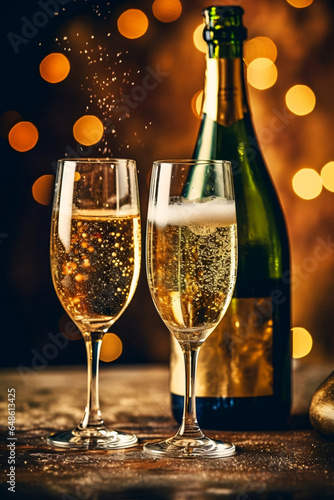 Glasses of champagne on a blurred background with bokeh lights. Christmas and New Year concept. Two glasses of champagne on a wooden table in a bar or restaurant