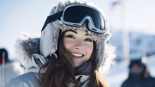 Happy smiling female snowboarder wearing a helmet and ski googles with reflection of snow-capped Alps. Close up portrait cheerful woman on ski vacation. Copy space © PaulShlykov