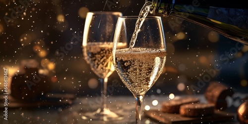 Pouring champagne into glasses on bokeh background. Christmas and New Year celebration