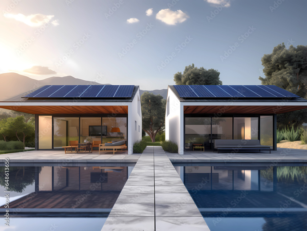 Twin solar powered modern tiny homes with swimming pools in the country