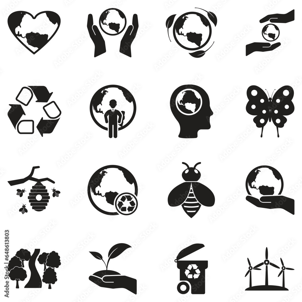Earth Day Icons. Black Flat Design. Vector Illustration.