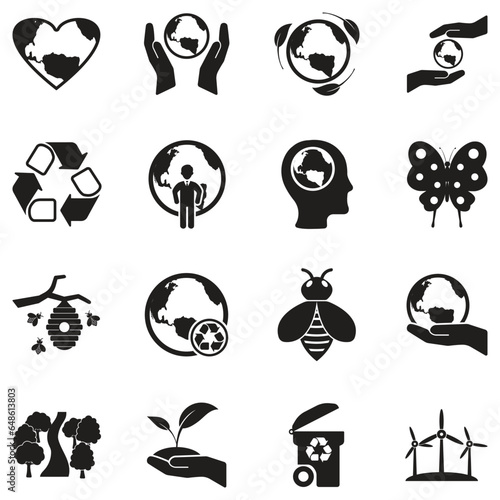 Earth Day Icons. Black Flat Design. Vector Illustration.