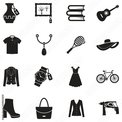 Second Hand Store Icons. Black Flat Design. Vector Illustration.