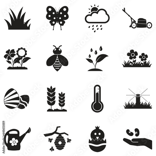 Spring Season Icons. Black Flat Design. Vector Illustration.