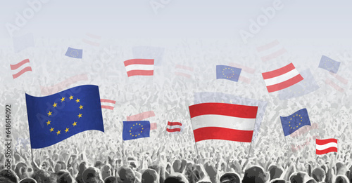 Crowd with flag of European Union and Austria, people of Austria with flag of EU.