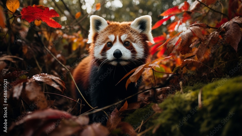 Fototapeta premium A Red Panda moves gracefullyamong the leavs on the grass