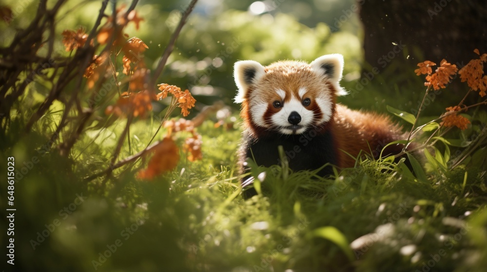 A Red Panda moves gracefullyamong the leavs on the grass A Red Panda moves gracefullyamong the leavs on the grass