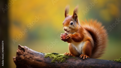 a red squirrel enjoys eating somthing sitting on a branch © Pretty Panda