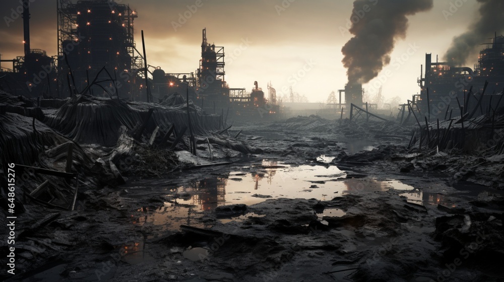 A scene in the industrial sector marked by severe pollution originating from a sizable factory