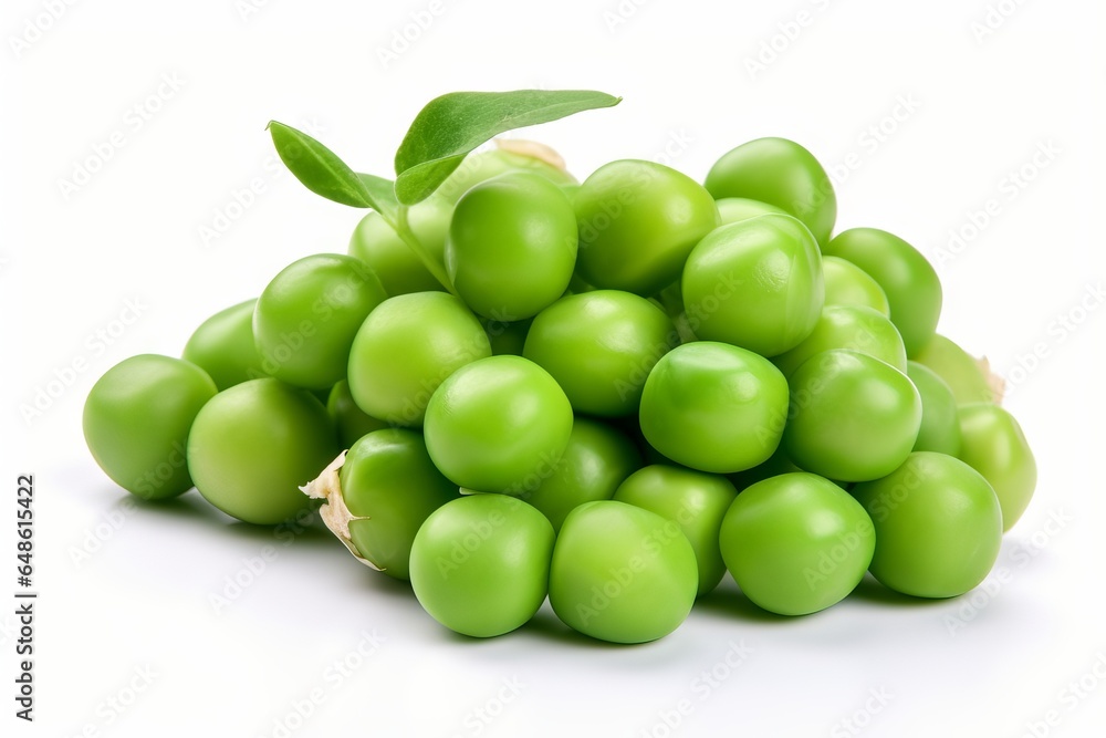 A pile of fresh green peas with vibrant leaves on top A pile of fresh green peas with vibrant leaves on top