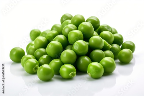 A vibrant pile of green peas on a clean white background