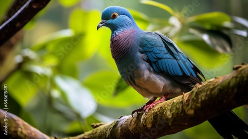 a Seychelles Blue Pigeon rests on a tree branch