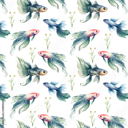 Watercolor oriental pattern with rainbow carps. Seamless oriental texture with isolated hand drawn fishes and blossom cherry. Asian natural background in vector