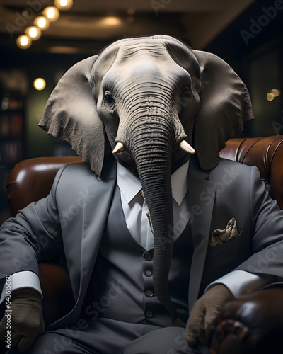 Elephant wearing business suit and sitting in the office