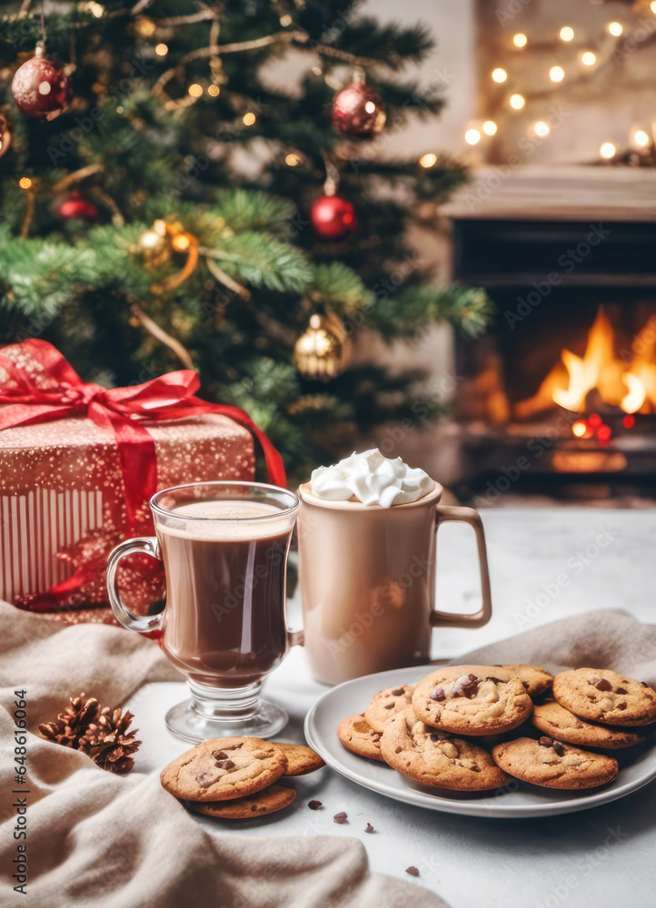Hot chocolate with cookies by the fireplace with christmas tree