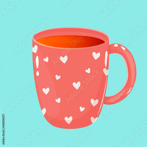 pink mug with tea, isolated on blue background, cartoon style.