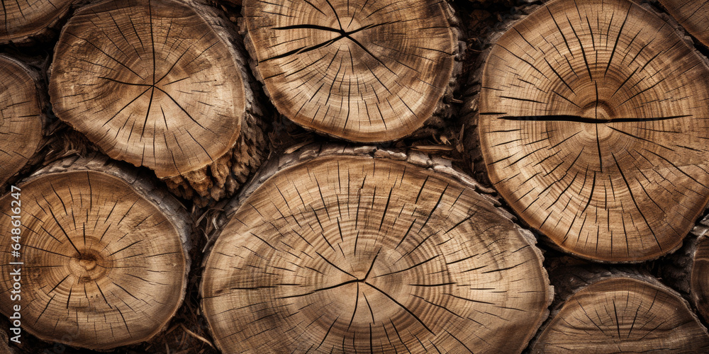Fototapeta premium Wooden natural sawn logs as background.