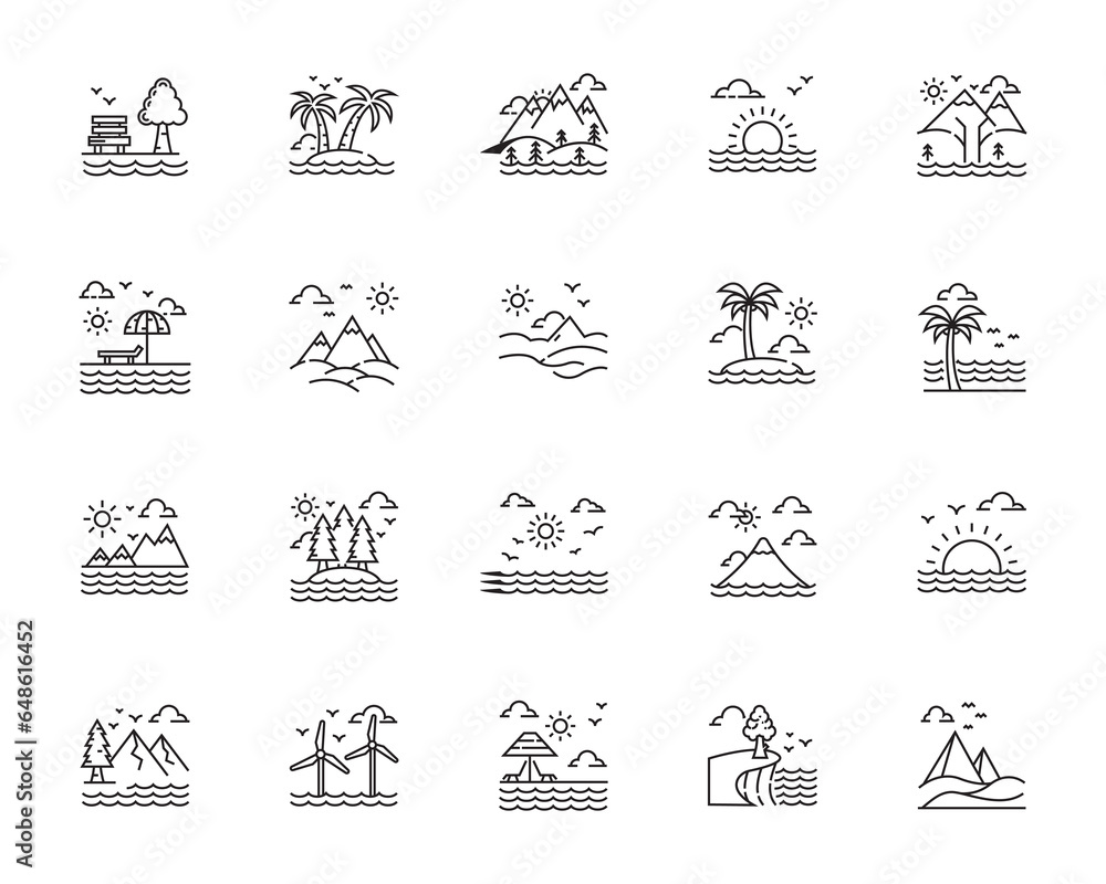 Line Editable icons - Landscape and Scenery line icons, flat design