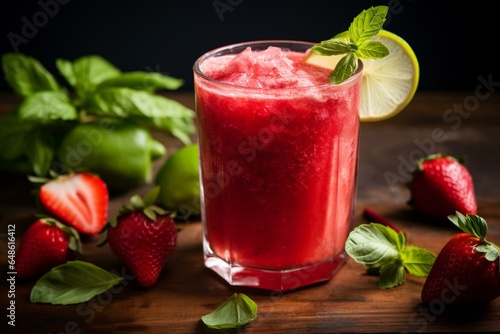 A delightful and invigorating blend of strawberry and basil, perfect for a refreshing summer beverage. Generative AI