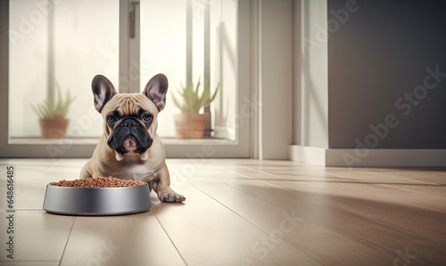 Content french bulldog beside a food bowl. Created with AI