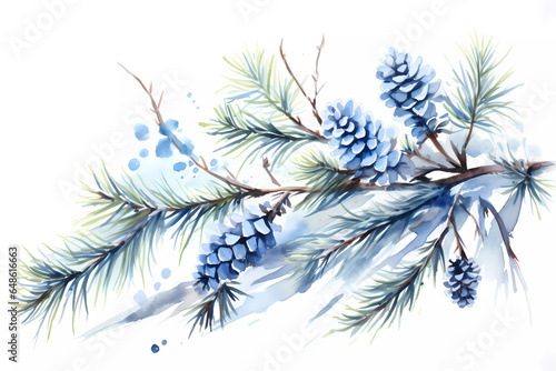 new Year's watercolor background, postcard, poster. Spruce branches on a white background.