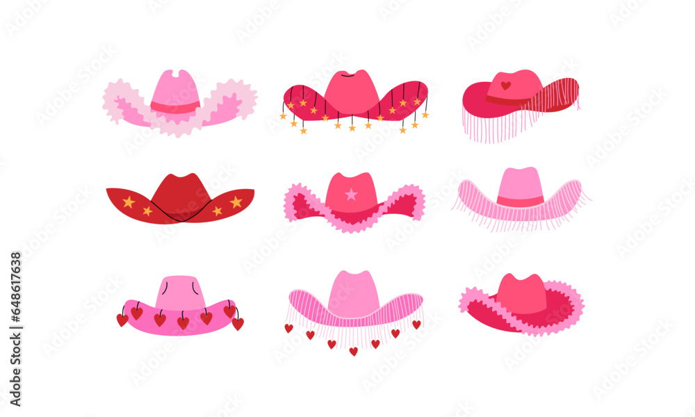 Set of various pink cowboy hats with stars, hearts and fringe. Vector flat illustration on isolated background. Cowgirl western accessory in disco party concept Set of various pink cowboy hats with stars, hearts and fringe. Vector flat illustration on isolated background. Cowgirl western accessory in disco party concept