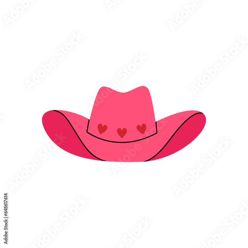 Pink cowboy hat with hearts on isolated background. Vector flat illustration in party disco cowgirl concept