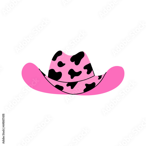 Pink cowboy hat with cow animal print. Vector illustration on isolated background. Western cowgirl accessory