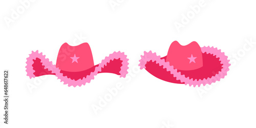 Pink cowgirl hat with star on isolated background. Vector flat illustration in party disco cowboy concept

