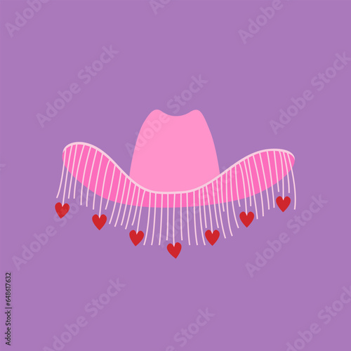 Pink cowgirl hat with hearts on isolated background. Vector flat illustration in party disco cowboy concept
