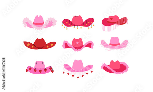 Set of various pink cowboy hats with stars, hearts and fringe. Vector flat illustration on isolated background. Cowgirl western accessory in disco party concept